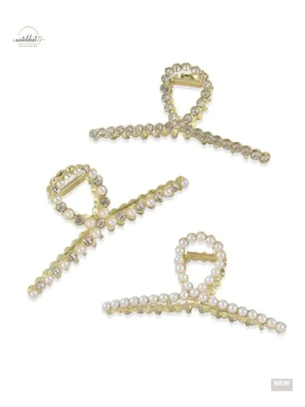 Set of 3 Rhinestone and Pearl Hair Claw Clips Gold Metal Decorative Large